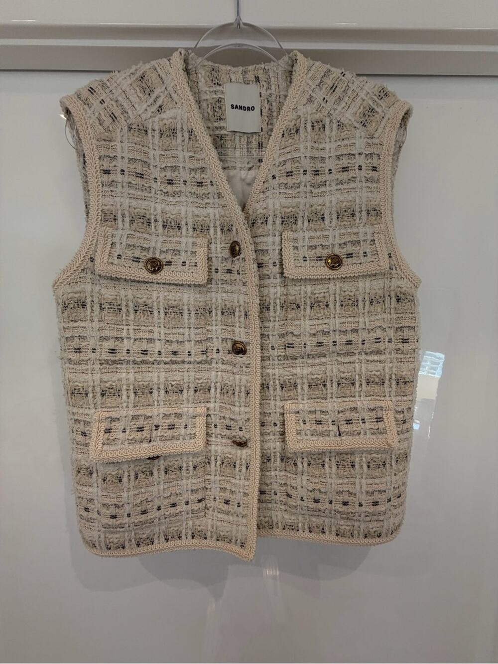 Sandro Cream Bouclé Tweed Pocket Vest with Gold Buttons